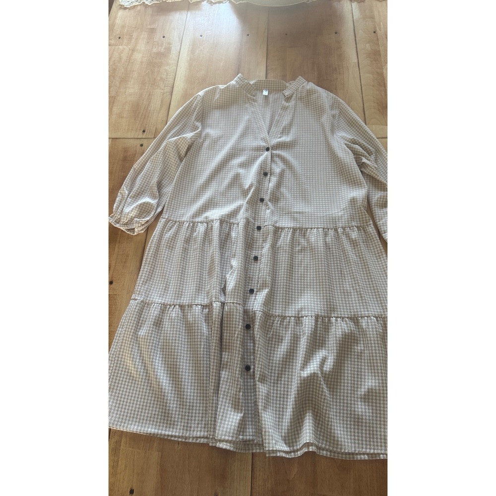 ePretty Chicago Tan Gingham Tiered‎ Button Down Dress Large Boho Cottagecore